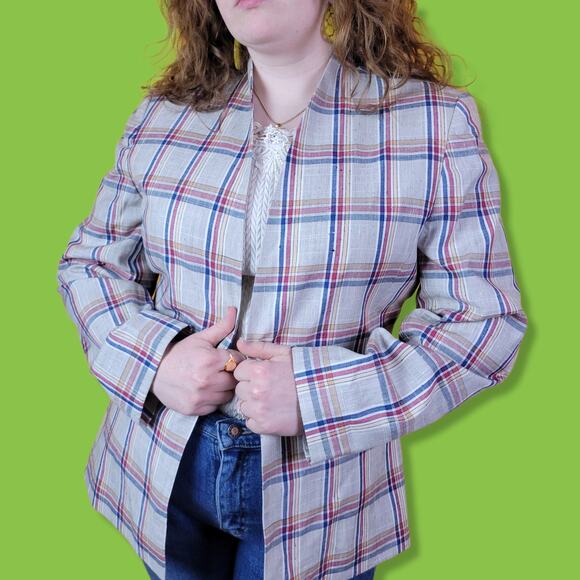 Vintage 80s Country Sophisticates by Pendleton Cream Plaid Blazer, 14 - Picture 1 of 7